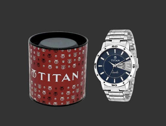 Titan watch and branded box on a white background